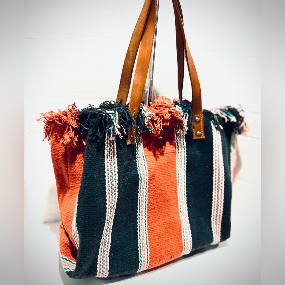 Free People Espana Large Woven Tote Bag Southwestern Western Rodeo Vacation